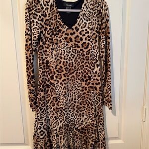 Karen Scott Leopard Print Long Sleeve V-Neck Dress in Brown and Black size S